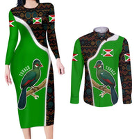 Burundi Turaco Couples Matching Long Sleeve Bodycon Dress and Long Sleeve Button Shirt with National Bird and Flag Pattern