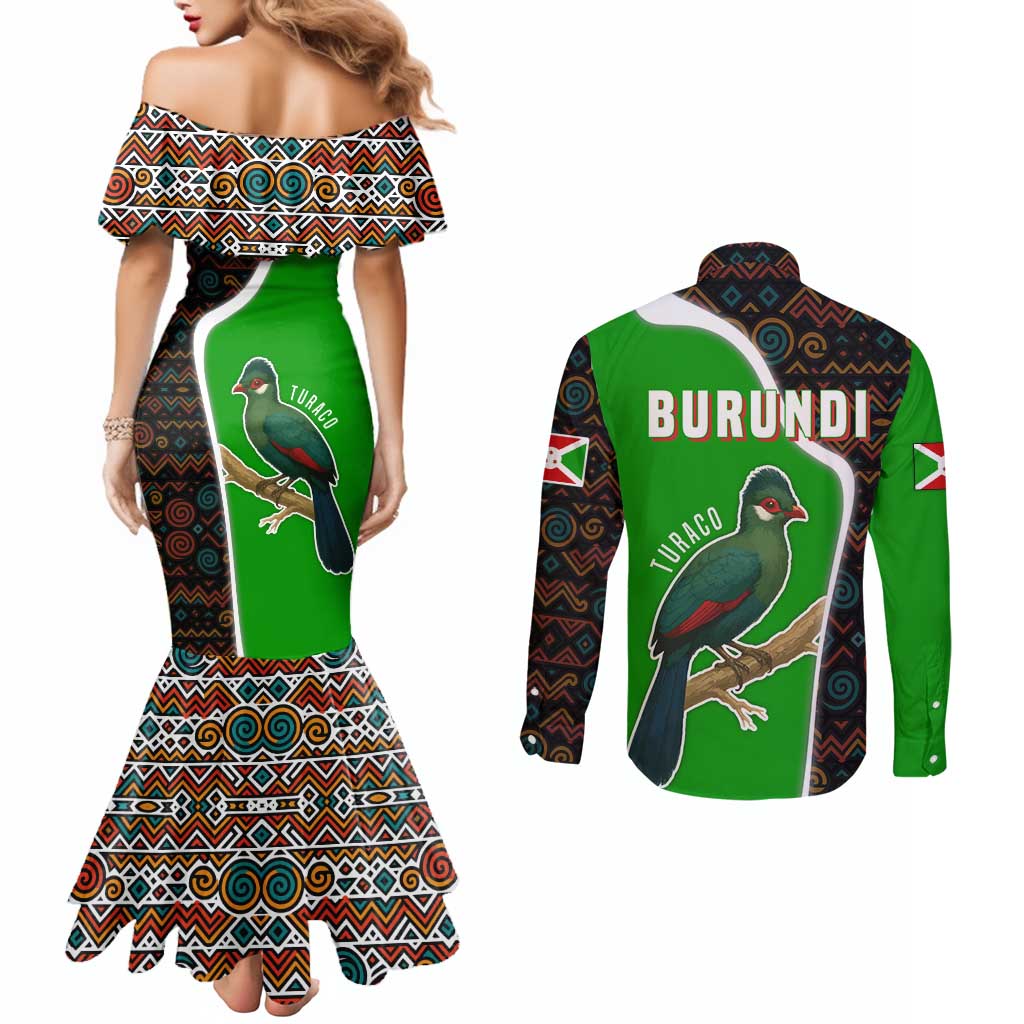 Burundi Turaco Couples Matching Mermaid Dress and Long Sleeve Button Shirt with National Bird and Flag Pattern