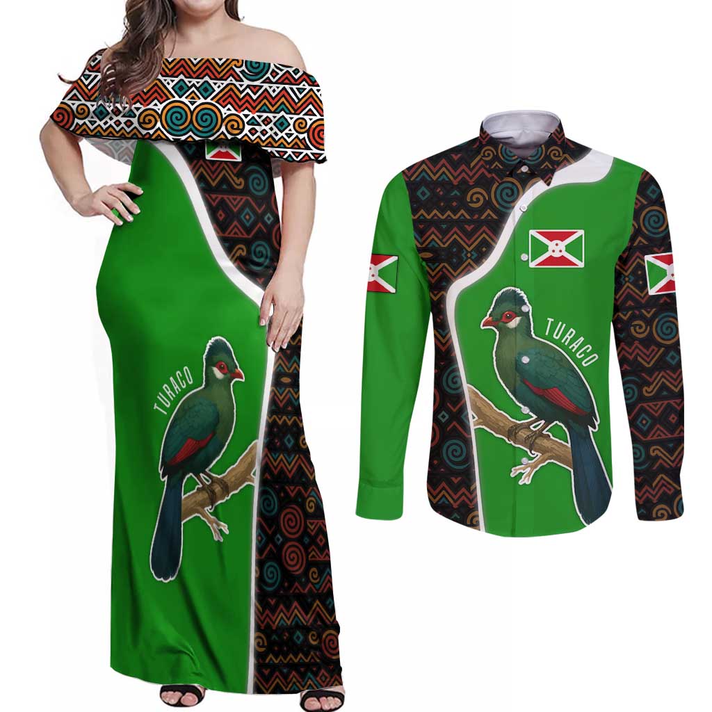 Burundi Turaco Couples Matching Off Shoulder Maxi Dress and Long Sleeve Button Shirt with National Bird and Flag Pattern