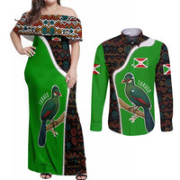 Burundi Turaco Couples Matching Off Shoulder Maxi Dress and Long Sleeve Button Shirt with National Bird and Flag Pattern