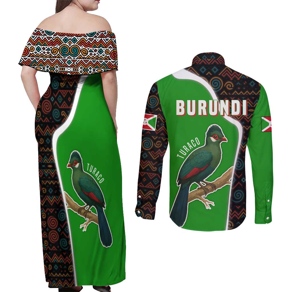 Burundi Turaco Couples Matching Off Shoulder Maxi Dress and Long Sleeve Button Shirt with National Bird and Flag Pattern