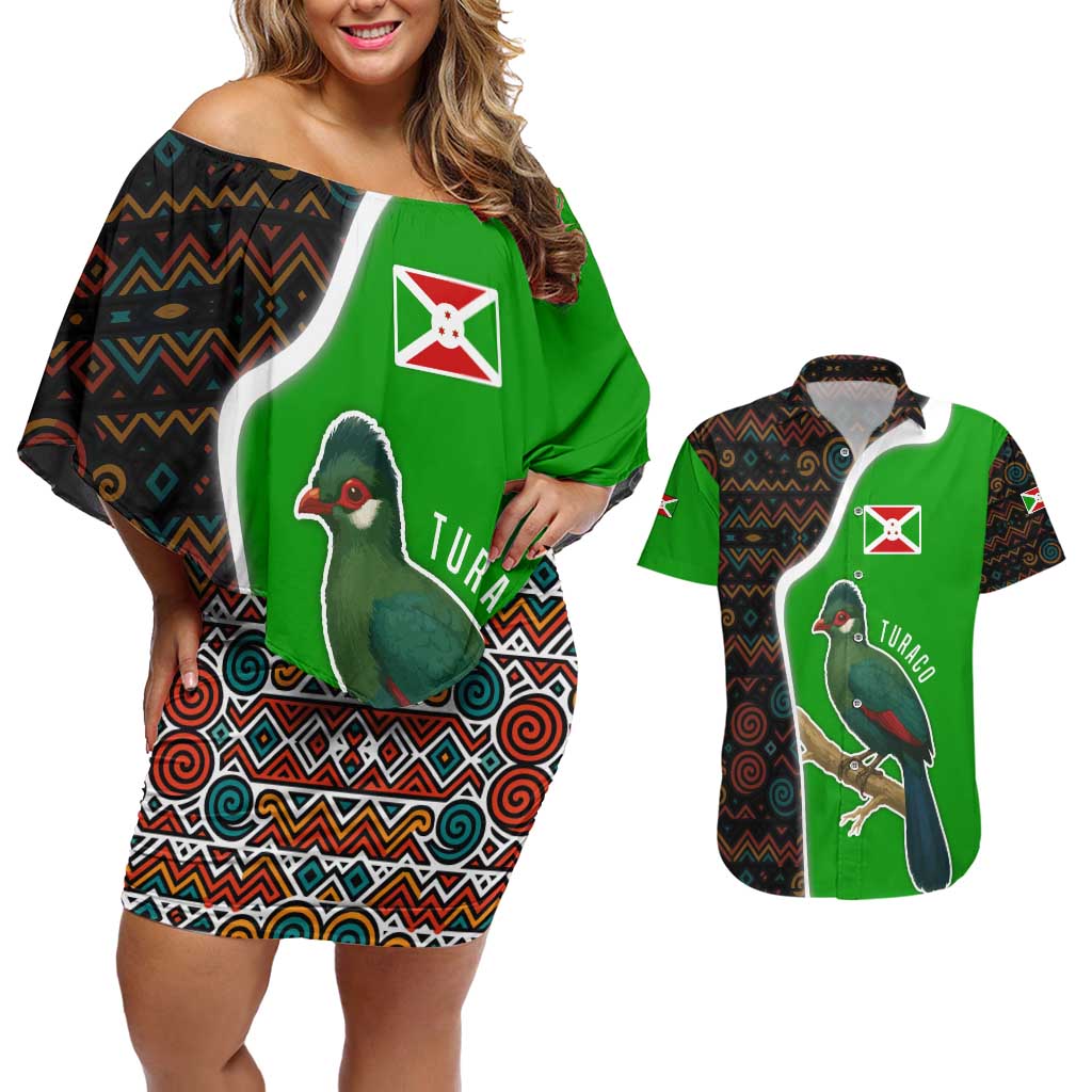 Burundi Turaco Couples Matching Off Shoulder Short Dress and Hawaiian Shirt with National Bird and Flag Pattern