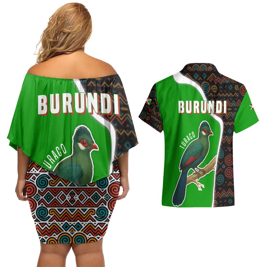 Burundi Turaco Couples Matching Off Shoulder Short Dress and Hawaiian Shirt with National Bird and Flag Pattern