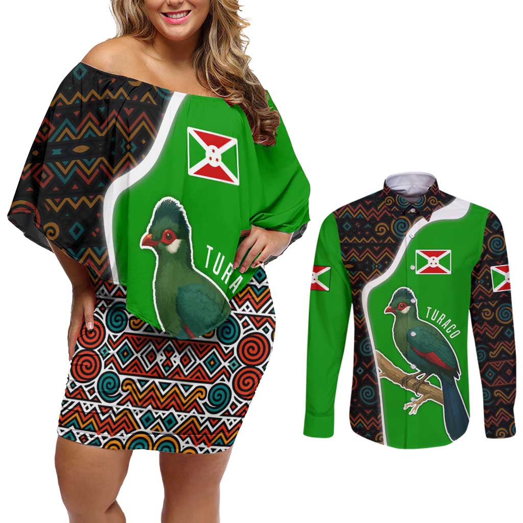 Burundi Turaco Couples Matching Off Shoulder Short Dress and Long Sleeve Button Shirt with National Bird and Flag Pattern