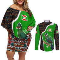 Burundi Turaco Couples Matching Off Shoulder Short Dress and Long Sleeve Button Shirt with National Bird and Flag Pattern