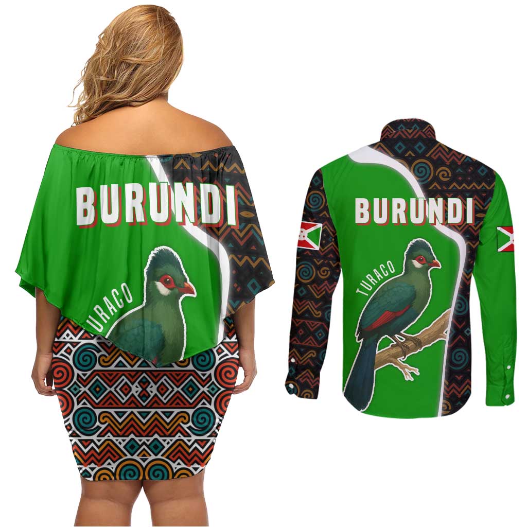 Burundi Turaco Couples Matching Off Shoulder Short Dress and Long Sleeve Button Shirt with National Bird and Flag Pattern