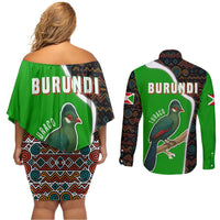 Burundi Turaco Couples Matching Off Shoulder Short Dress and Long Sleeve Button Shirt with National Bird and Flag Pattern