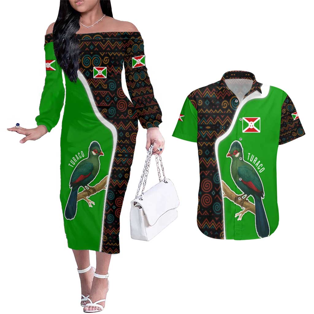 Burundi Turaco Couples Matching Off The Shoulder Long Sleeve Dress and Hawaiian Shirt with National Bird and Flag Pattern