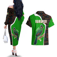 Burundi Turaco Couples Matching Off The Shoulder Long Sleeve Dress and Hawaiian Shirt with National Bird and Flag Pattern