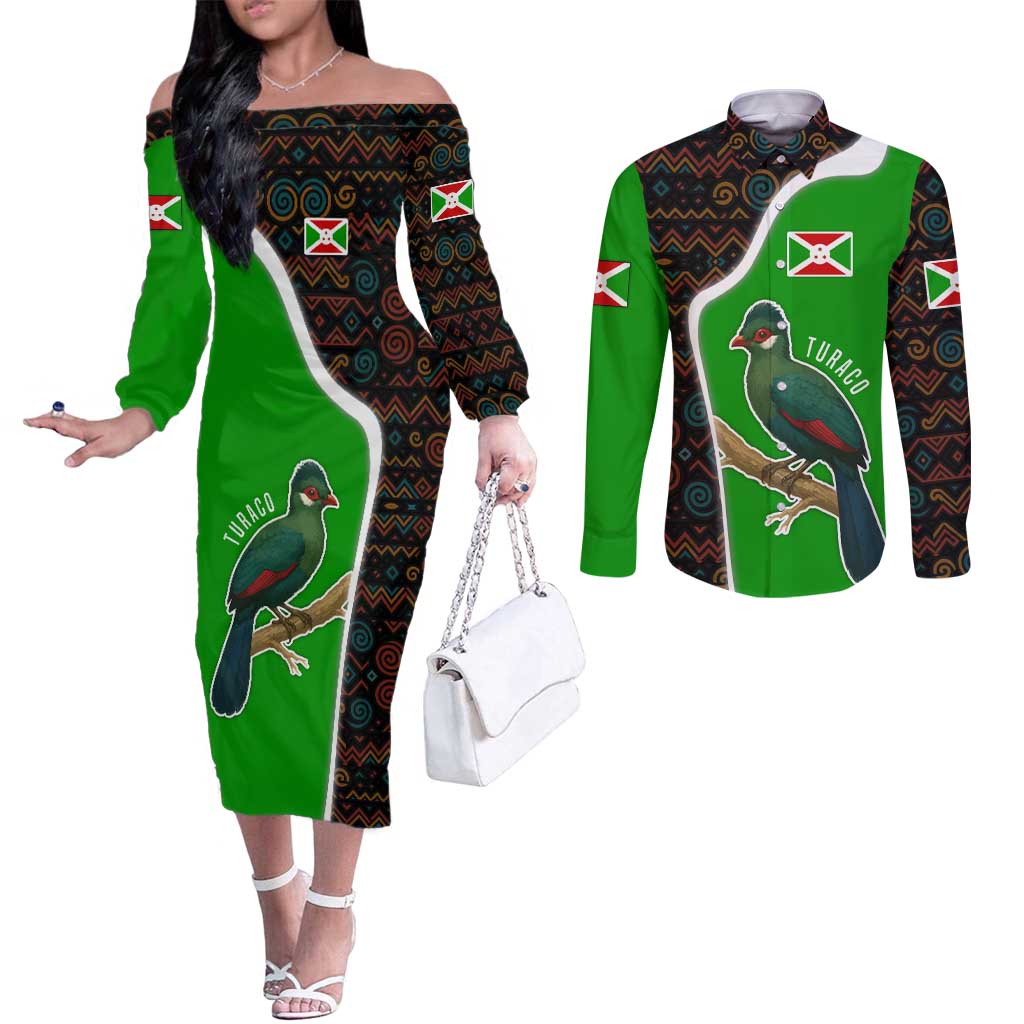 Burundi Turaco Couples Matching Off The Shoulder Long Sleeve Dress and Long Sleeve Button Shirt with National Bird and Flag Pattern