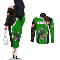 Burundi Turaco Couples Matching Off The Shoulder Long Sleeve Dress and Long Sleeve Button Shirt with National Bird and Flag Pattern