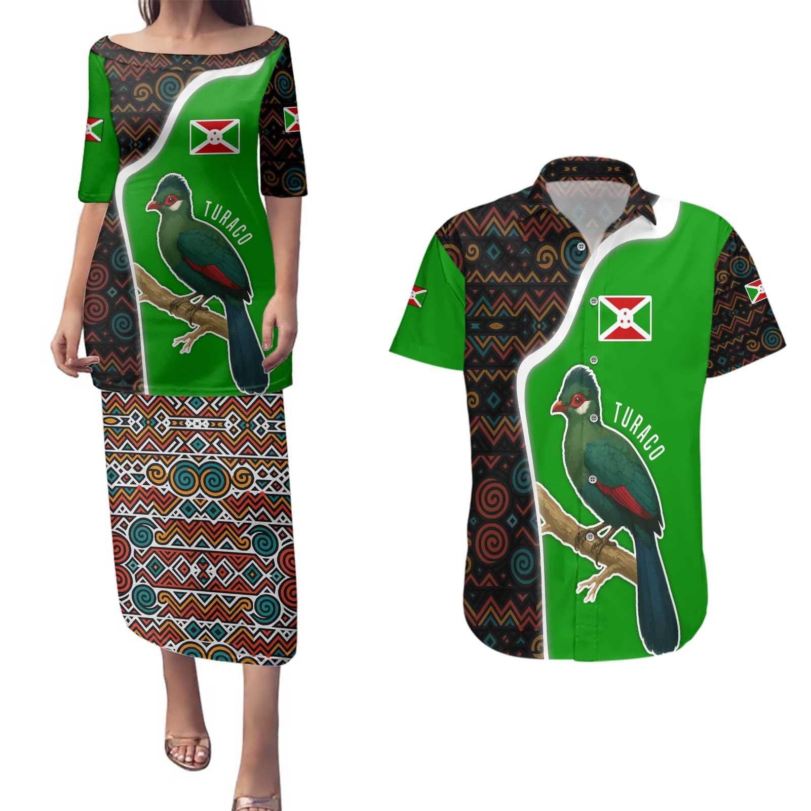Burundi Turaco Couples Matching Puletasi and Hawaiian Shirt with National Bird and Flag Pattern