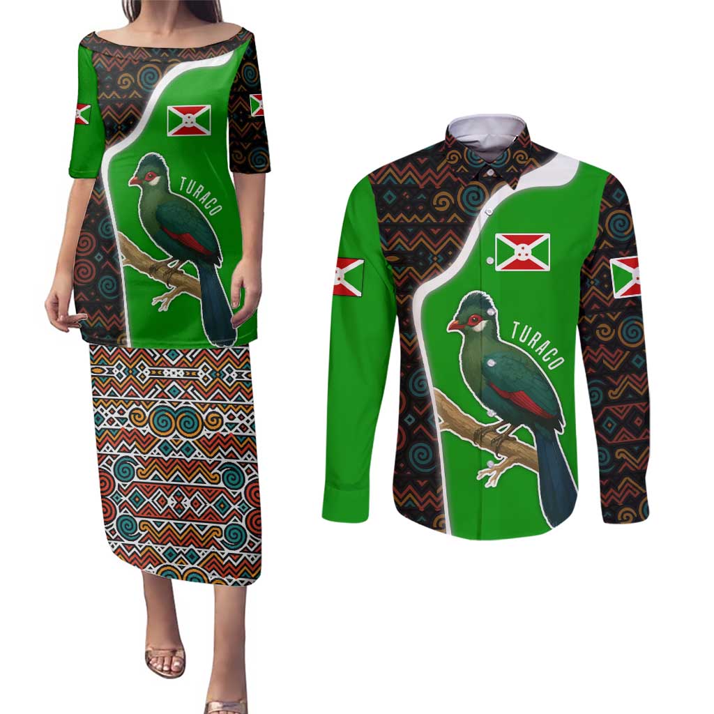 Burundi Turaco Couples Matching Puletasi and Long Sleeve Button Shirt with National Bird and Flag Pattern