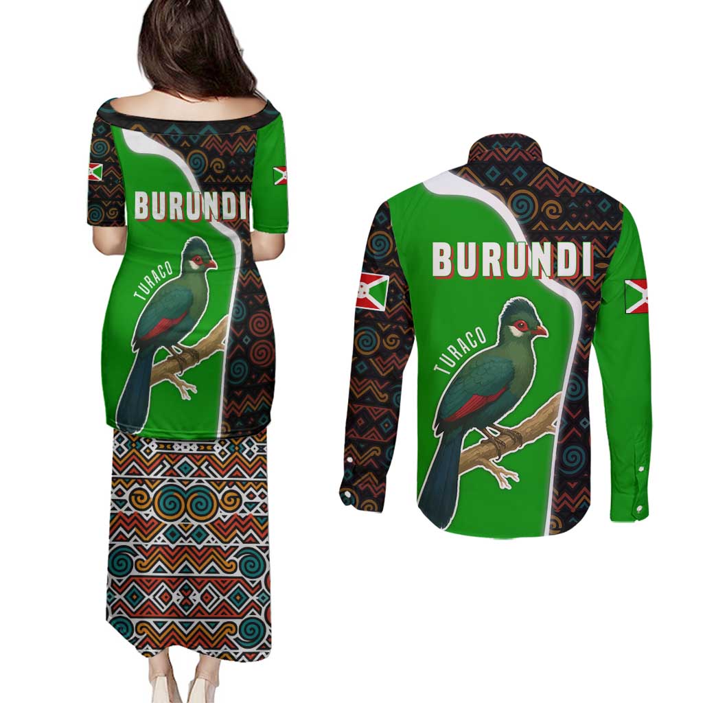 Burundi Turaco Couples Matching Puletasi and Long Sleeve Button Shirt with National Bird and Flag Pattern