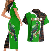 Burundi Turaco Couples Matching Short Sleeve Bodycon Dress and Hawaiian Shirt with National Bird and Flag Pattern
