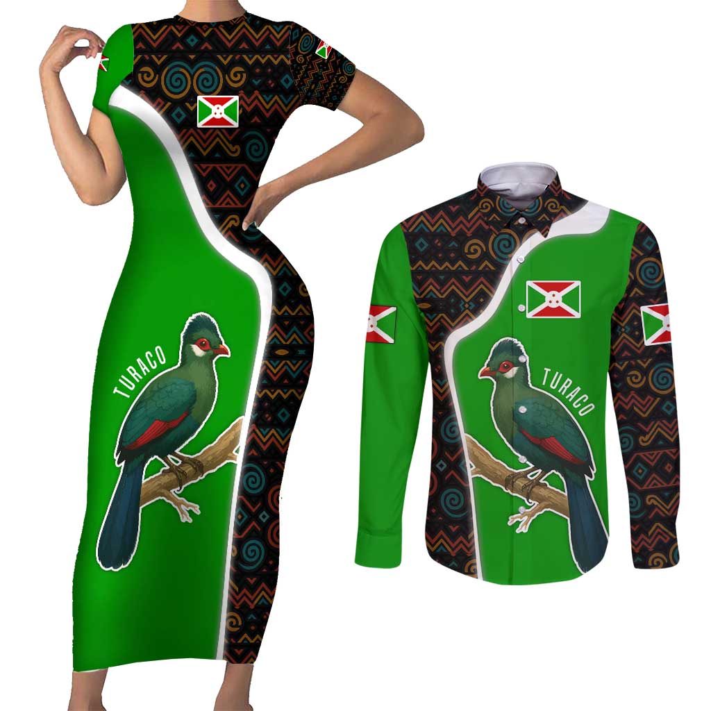 Burundi Turaco Couples Matching Short Sleeve Bodycon Dress and Long Sleeve Button Shirt with National Bird and Flag Pattern