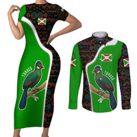 Burundi Turaco Couples Matching Short Sleeve Bodycon Dress and Long Sleeve Button Shirt with National Bird and Flag Pattern