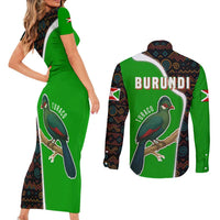 Burundi Turaco Couples Matching Short Sleeve Bodycon Dress and Long Sleeve Button Shirt with National Bird and Flag Pattern