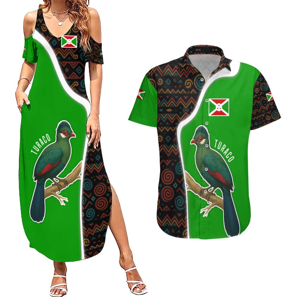 Burundi Turaco Couples Matching Summer Maxi Dress and Hawaiian Shirt with National Bird and Flag Pattern
