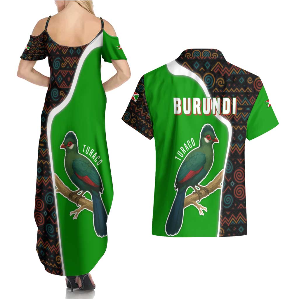 Burundi Turaco Couples Matching Summer Maxi Dress and Hawaiian Shirt with National Bird and Flag Pattern