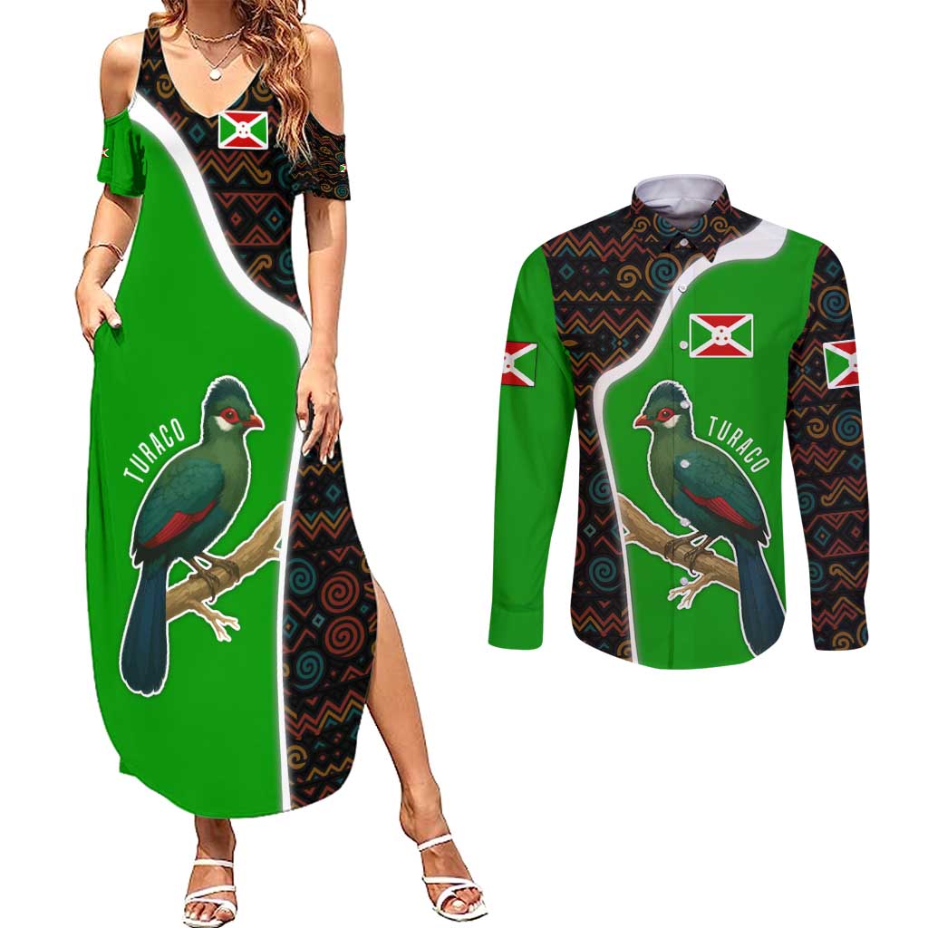 Burundi Turaco Couples Matching Summer Maxi Dress and Long Sleeve Button Shirt with National Bird and Flag Pattern