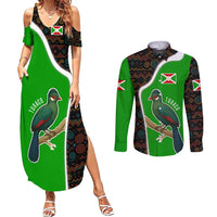 Burundi Turaco Couples Matching Summer Maxi Dress and Long Sleeve Button Shirt with National Bird and Flag Pattern