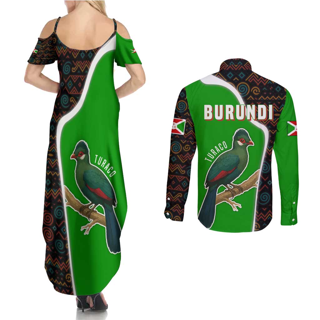 Burundi Turaco Couples Matching Summer Maxi Dress and Long Sleeve Button Shirt with National Bird and Flag Pattern