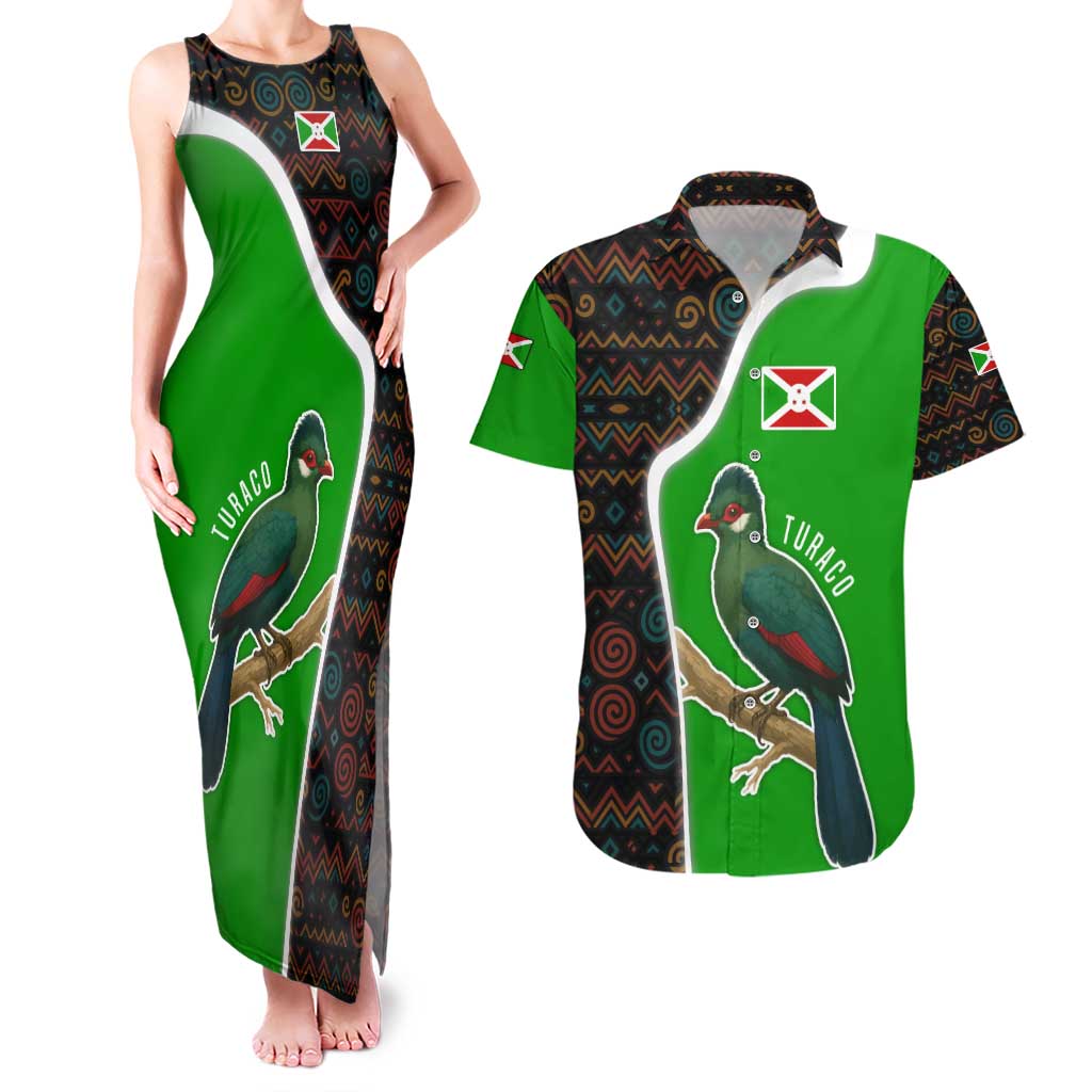 Burundi Turaco Couples Matching Tank Maxi Dress and Hawaiian Shirt with National Bird and Flag Pattern