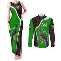Burundi Turaco Couples Matching Tank Maxi Dress and Long Sleeve Button Shirt with National Bird and Flag Pattern
