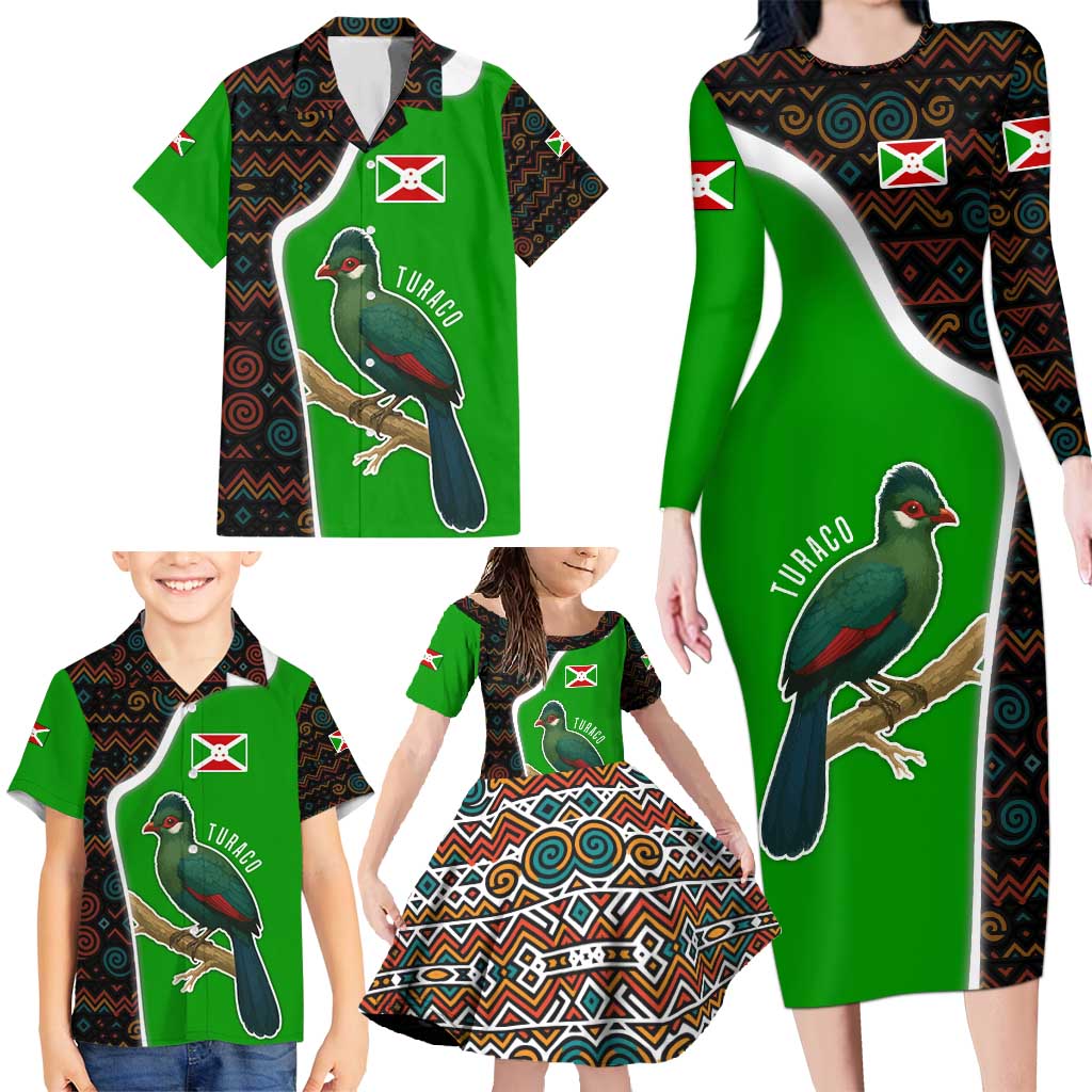 Burundi Turaco Family Matching Long Sleeve Bodycon Dress and Hawaiian Shirt with National Bird and Flag Pattern