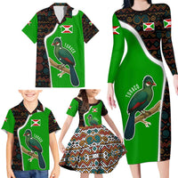 Burundi Turaco Family Matching Long Sleeve Bodycon Dress and Hawaiian Shirt with National Bird and Flag Pattern