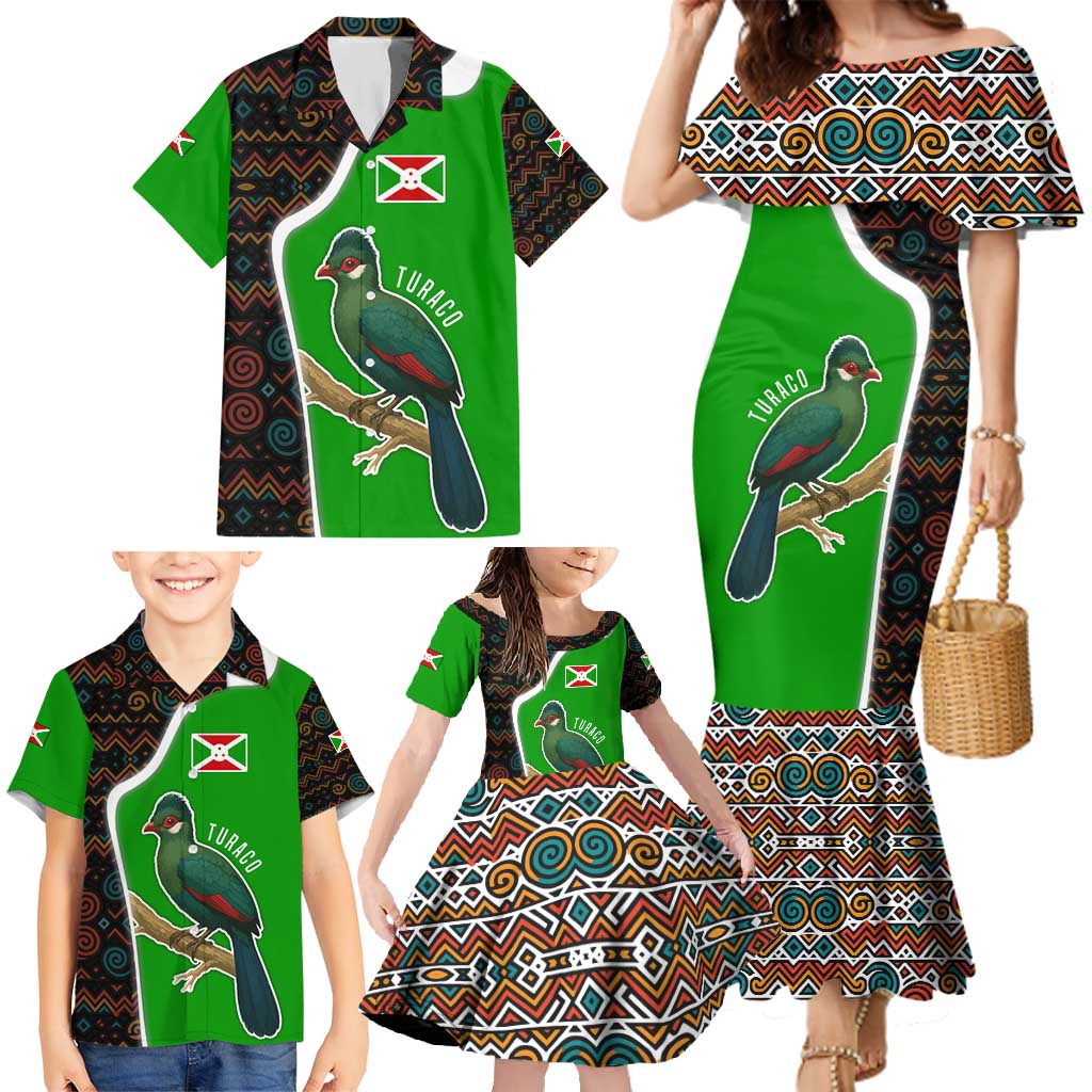 Burundi Turaco Family Matching Mermaid Dress and Hawaiian Shirt with National Bird and Flag Pattern