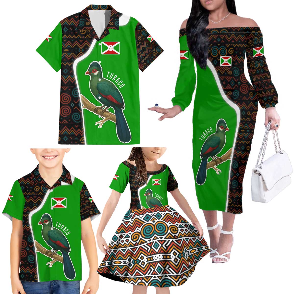 Burundi Turaco Family Matching Off The Shoulder Long Sleeve Dress and Hawaiian Shirt with National Bird and Flag Pattern