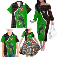 Burundi Turaco Family Matching Off The Shoulder Long Sleeve Dress and Hawaiian Shirt with National Bird and Flag Pattern
