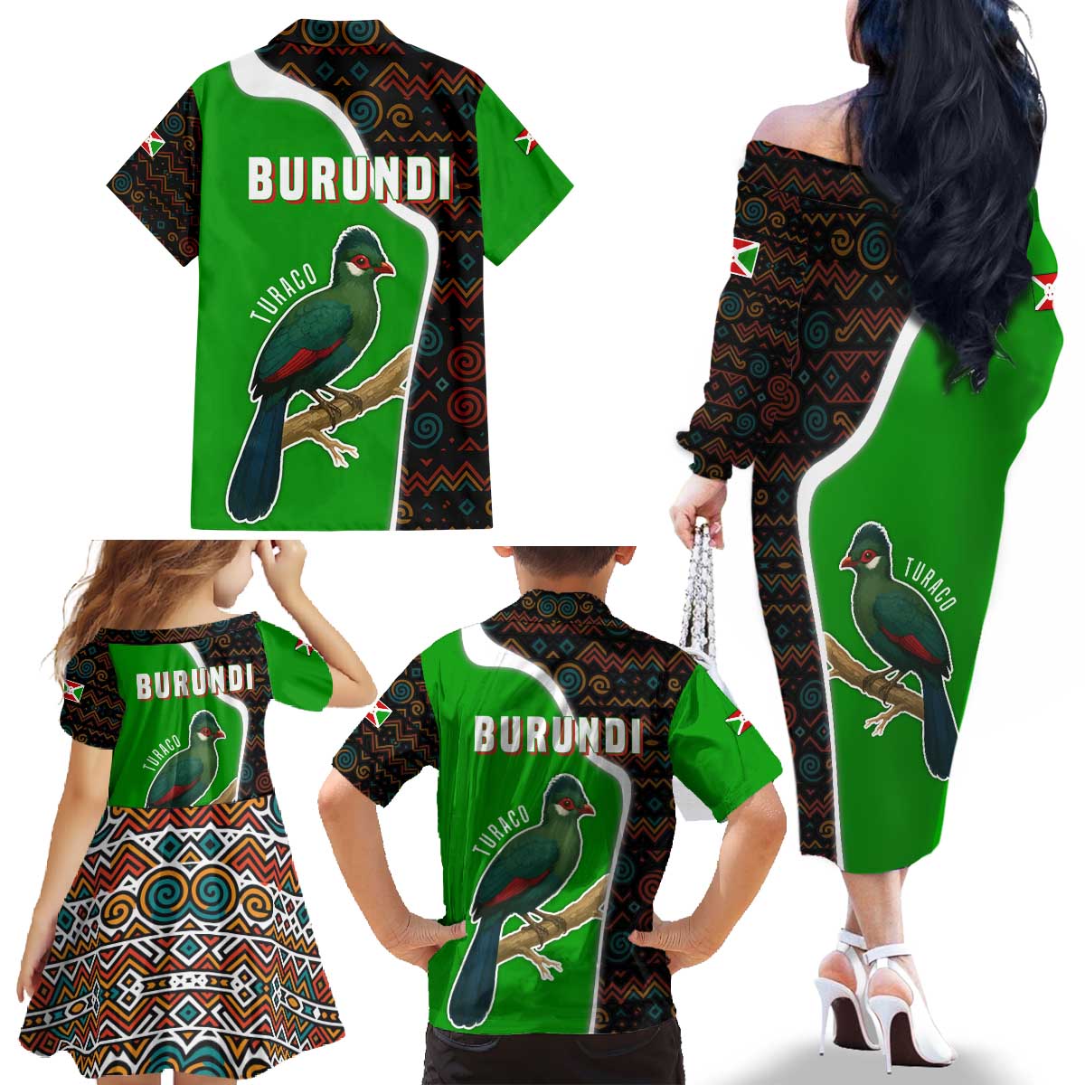 Burundi Turaco Family Matching Off The Shoulder Long Sleeve Dress and Hawaiian Shirt with National Bird and Flag Pattern