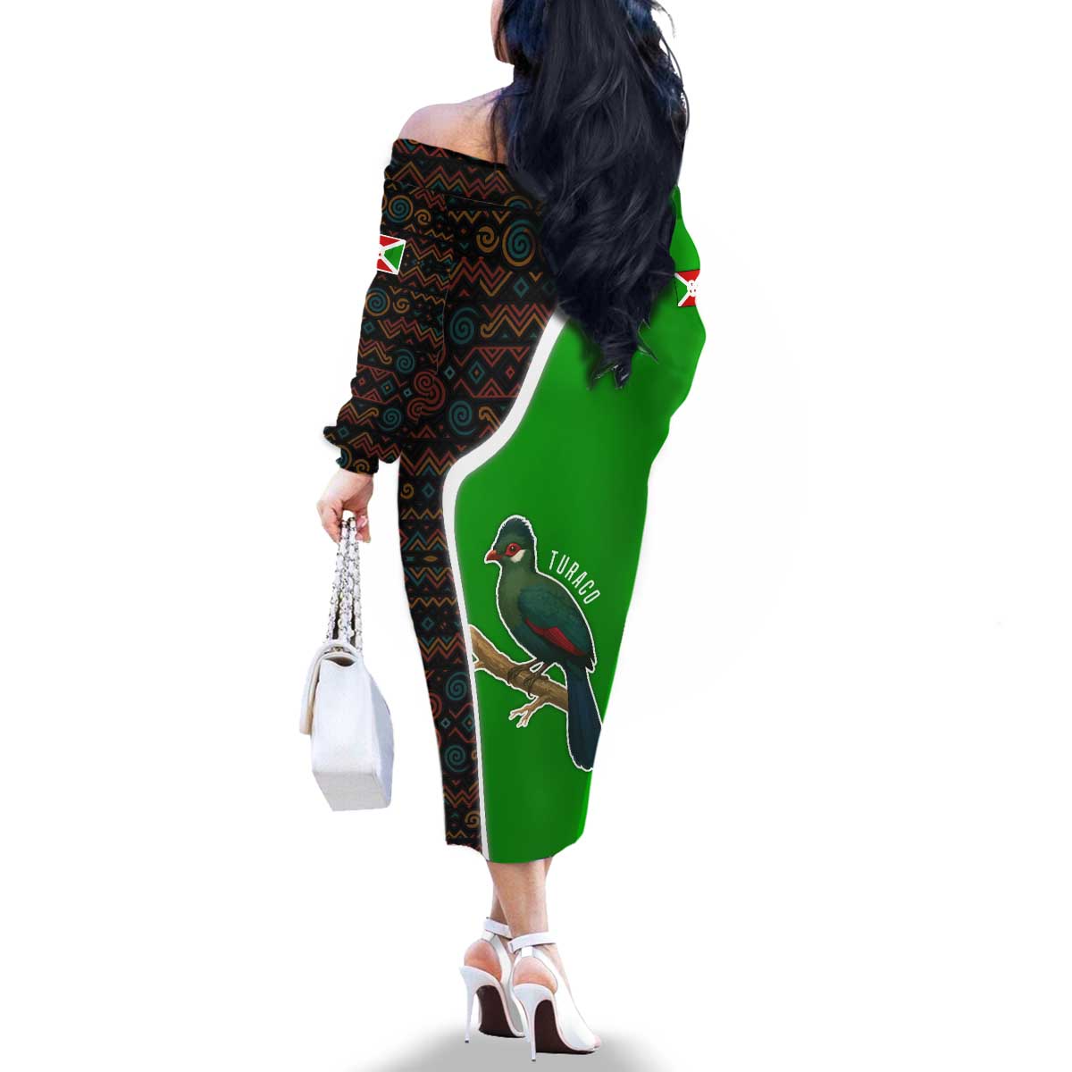 Burundi Turaco Family Matching Off The Shoulder Long Sleeve Dress and Hawaiian Shirt with National Bird and Flag Pattern