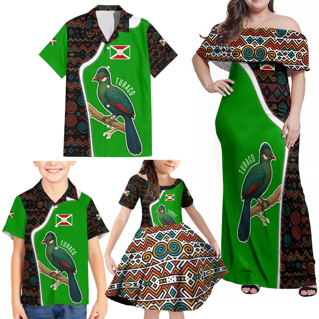 Burundi Turaco Family Matching Off Shoulder Maxi Dress and Hawaiian Shirt with National Bird and Flag Pattern