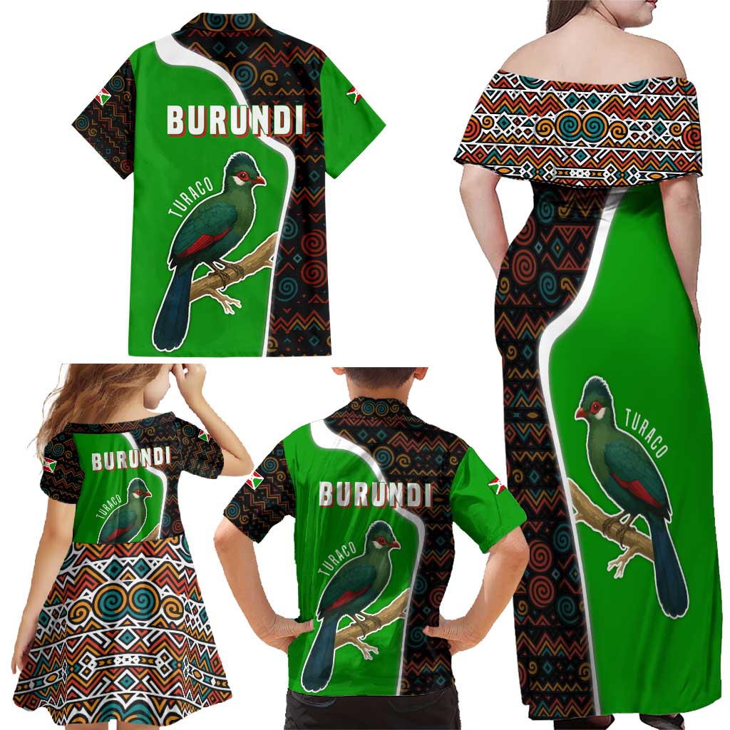 Burundi Turaco Family Matching Off Shoulder Maxi Dress and Hawaiian Shirt with National Bird and Flag Pattern