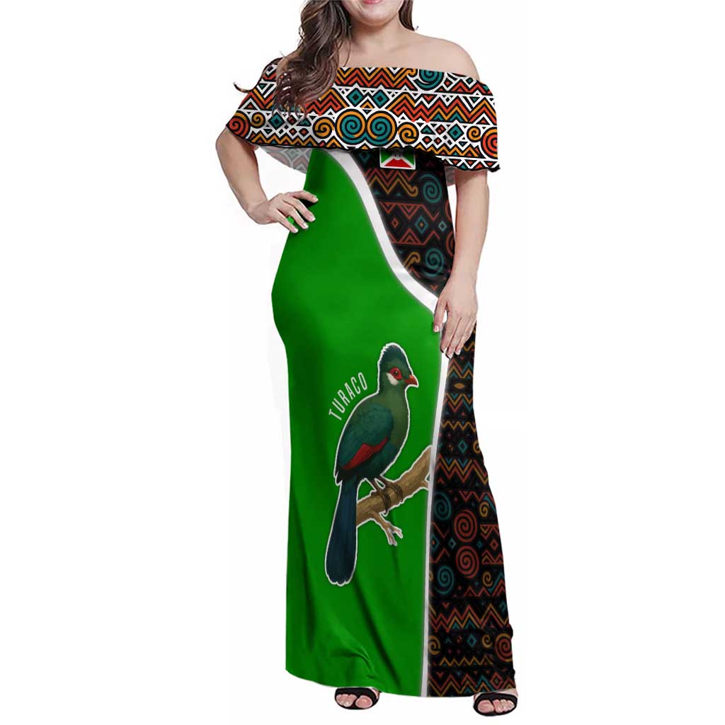Burundi Turaco Family Matching Off Shoulder Maxi Dress and Hawaiian Shirt with National Bird and Flag Pattern