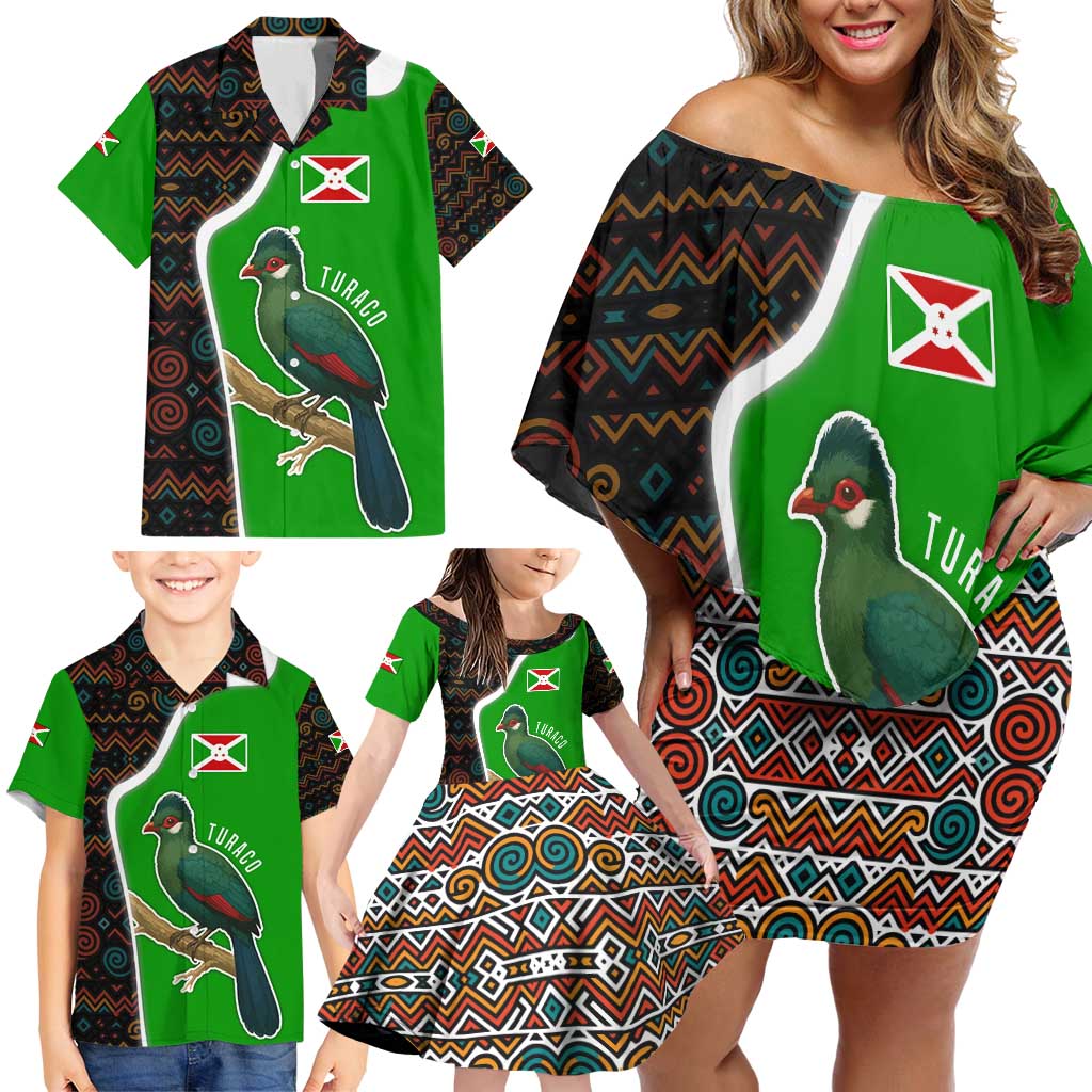 Burundi Turaco Family Matching Off Shoulder Short Dress and Hawaiian Shirt with National Bird and Flag Pattern