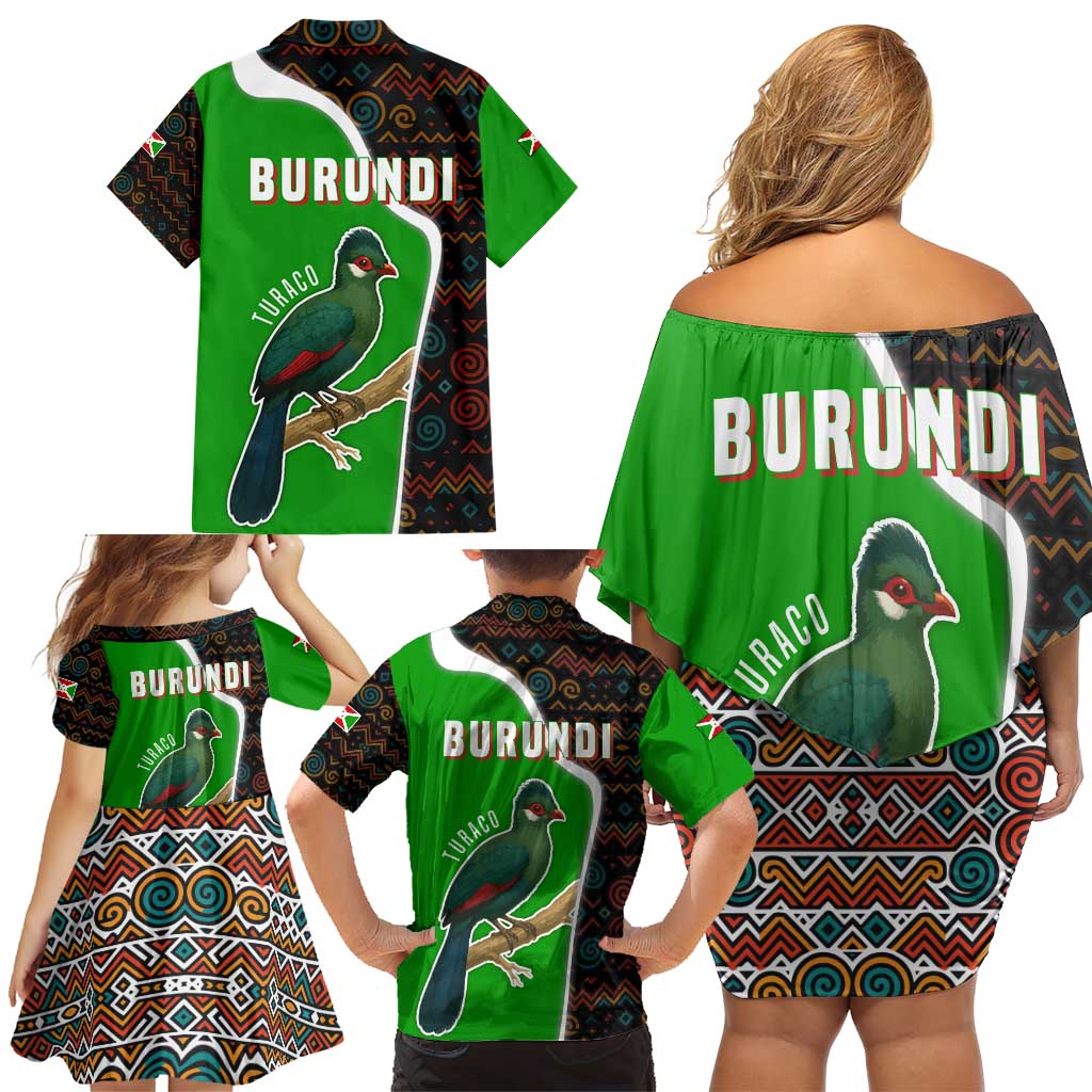 Burundi Turaco Family Matching Off Shoulder Short Dress and Hawaiian Shirt with National Bird and Flag Pattern