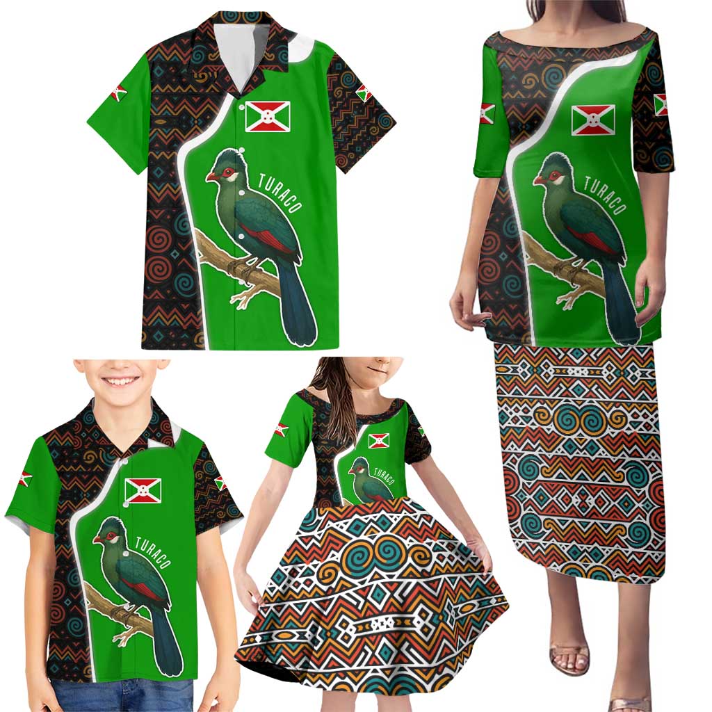 Burundi Turaco Family Matching Puletasi and Hawaiian Shirt with National Bird and Flag Pattern