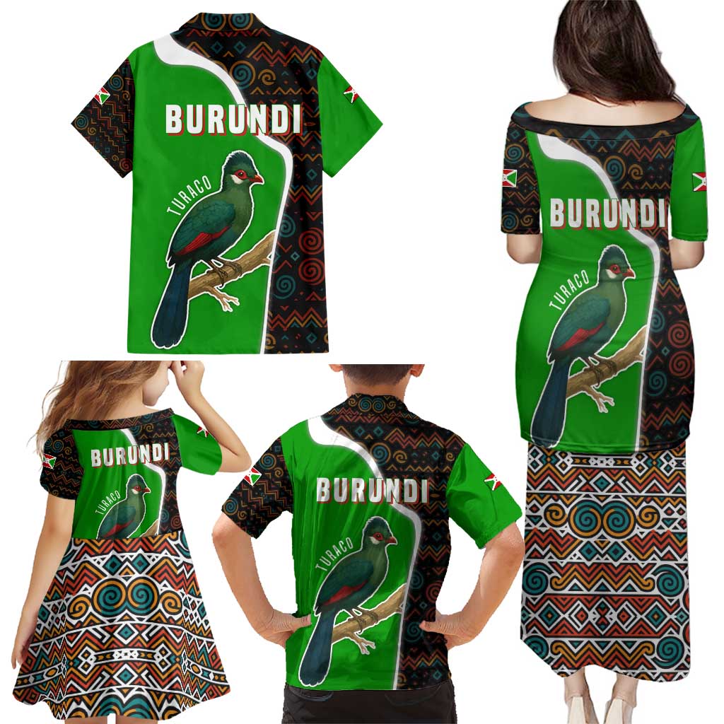 Burundi Turaco Family Matching Puletasi and Hawaiian Shirt with National Bird and Flag Pattern
