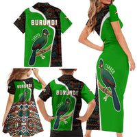 Burundi Turaco Family Matching Short Sleeve Bodycon Dress and Hawaiian Shirt with National Bird and Flag Pattern