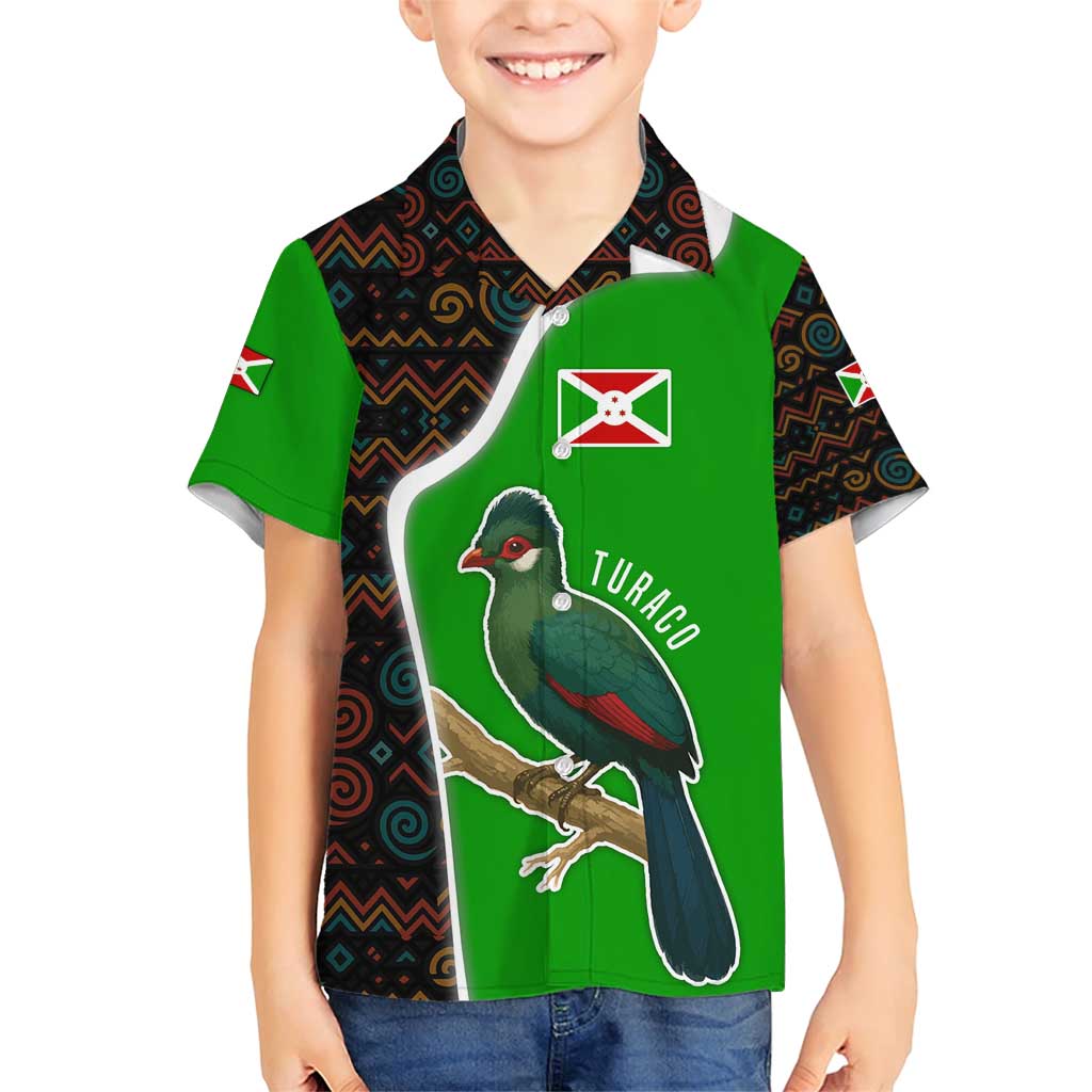 Burundi Turaco Family Matching Short Sleeve Bodycon Dress and Hawaiian Shirt with National Bird and Flag Pattern