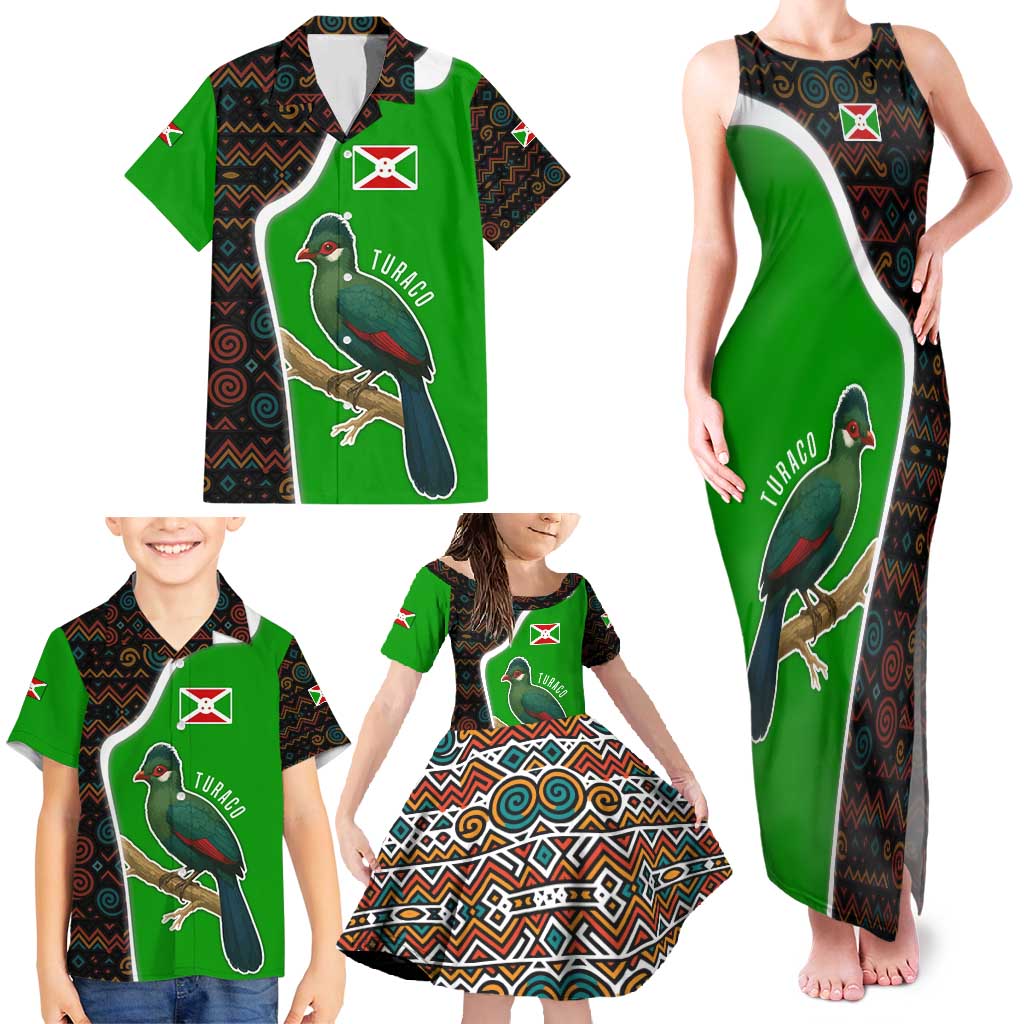 Burundi Turaco Family Matching Tank Maxi Dress and Hawaiian Shirt with National Bird and Flag Pattern