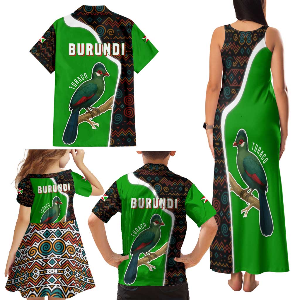 Burundi Turaco Family Matching Tank Maxi Dress and Hawaiian Shirt with National Bird and Flag Pattern