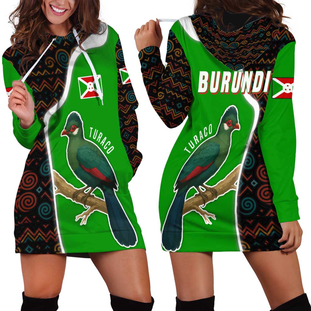 Burundi Turaco Hoodie Dress with National Bird and Flag Pattern