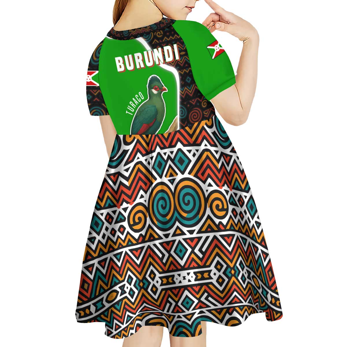 Burundi Turaco Kid Short Sleeve Dress with National Bird and Flag Pattern
