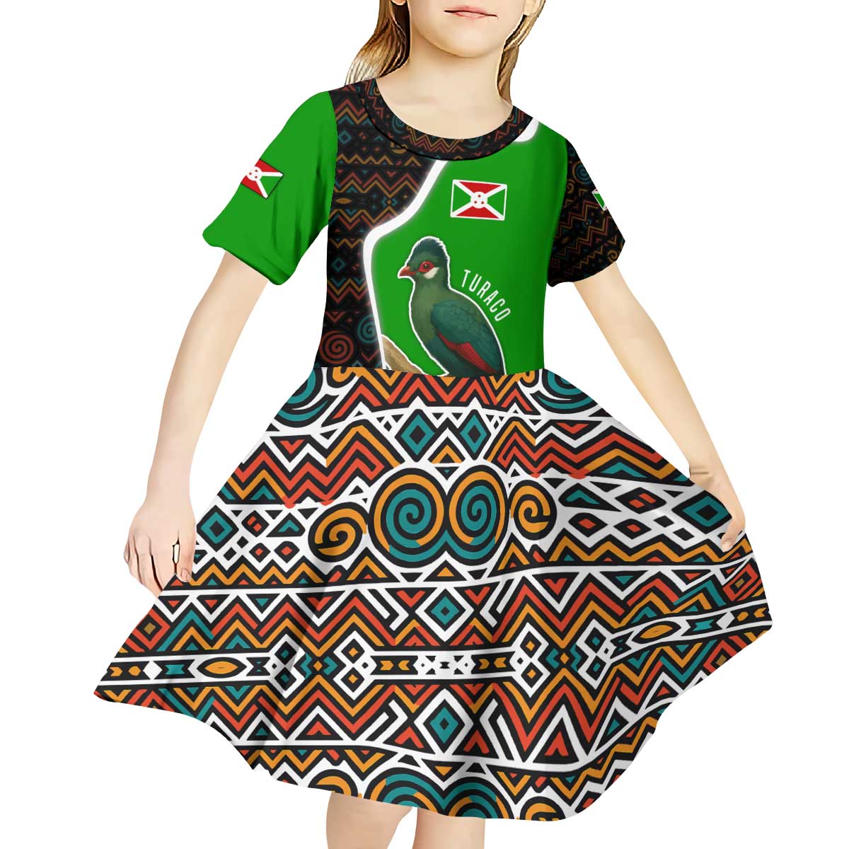 Burundi Turaco Kid Short Sleeve Dress with National Bird and Flag Pattern